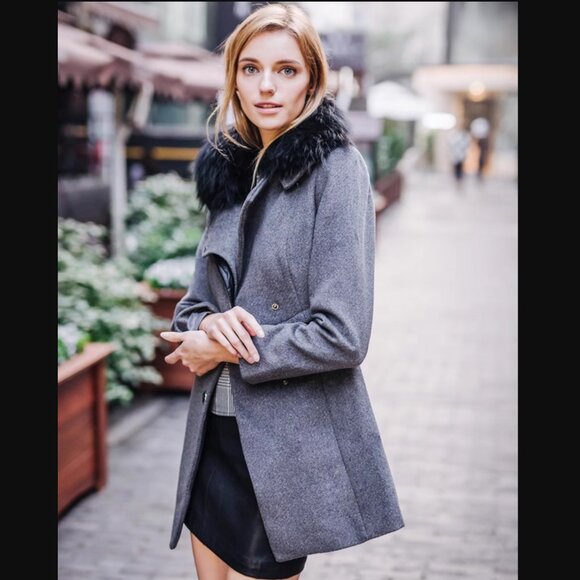 NWT Genuine Raccoon Fur Collar Wool Gray Coat Raccoon Fur Removable - Picture 10 of 16